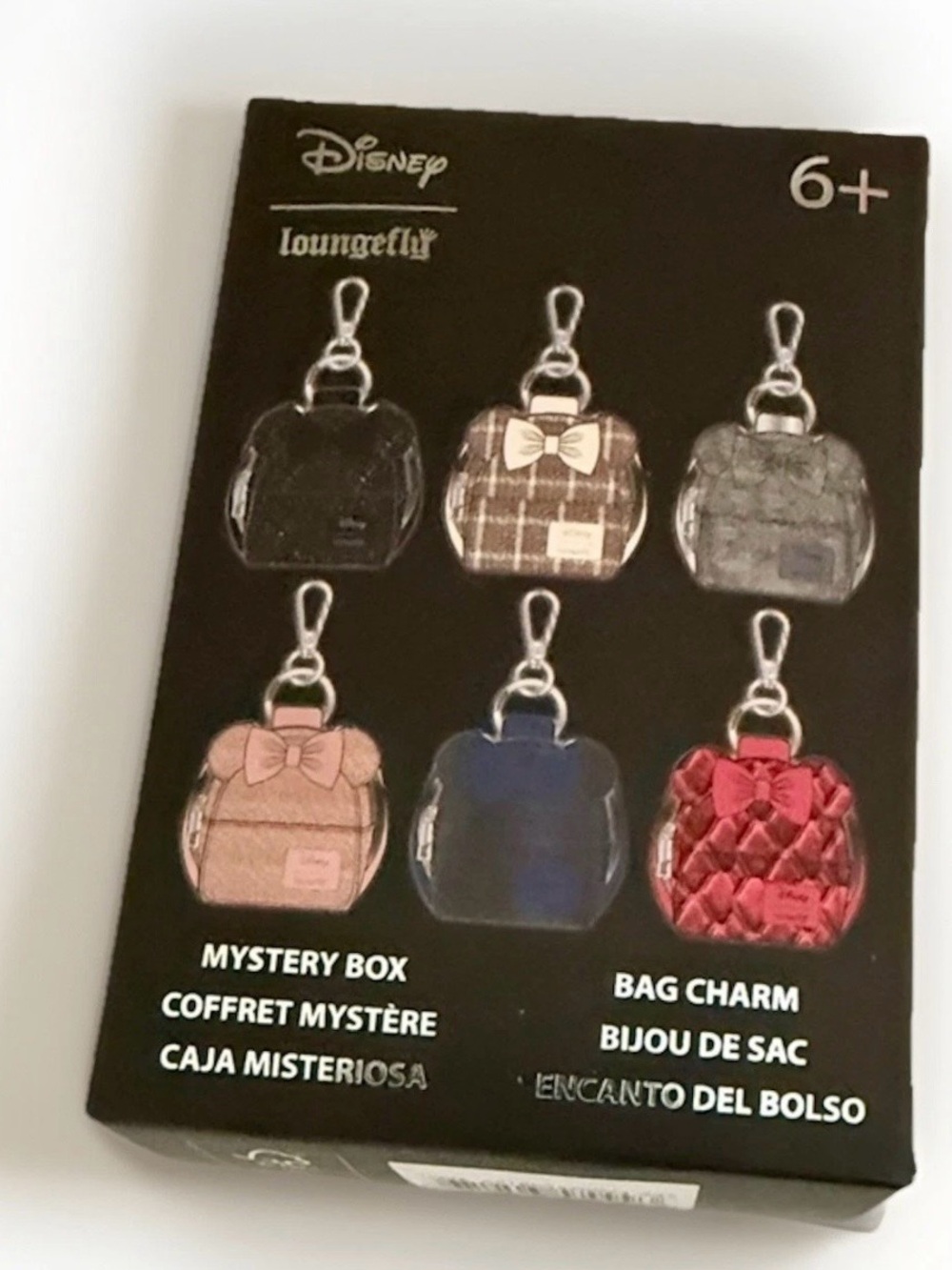 Loungefly Black and Gray Mystery Box Bag Charm Packaging